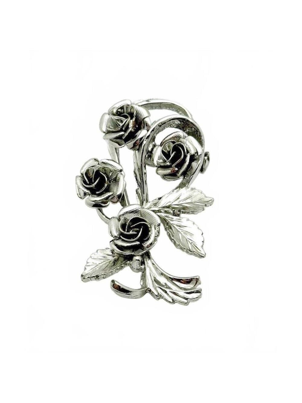 Vintage Coro Silver Tone Rose Bouquet Brooch Signed Floral Pin